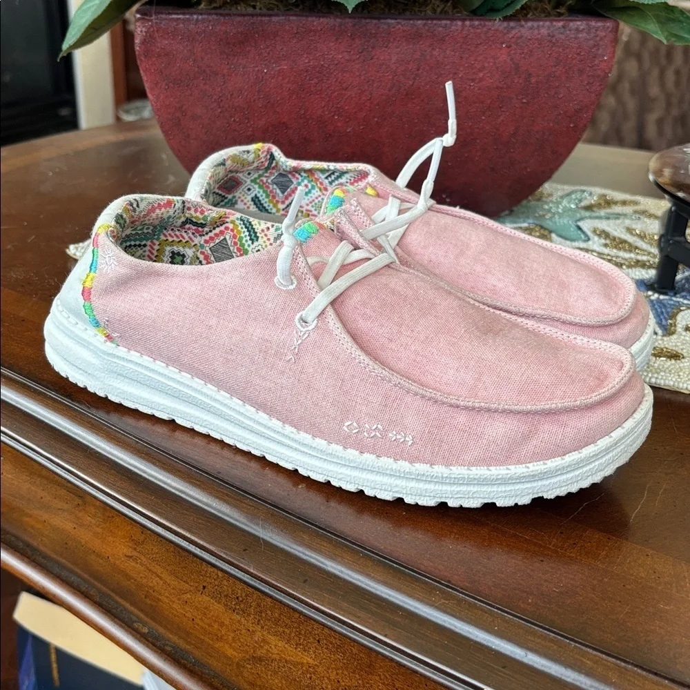 Hey Dude Wendy Boho Rose Pink Lightweight Slip-On Canvas Sneakers Colorful Trim